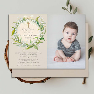 Invitation Lily Valley Bow Gold Formal Chic Photo Baptême