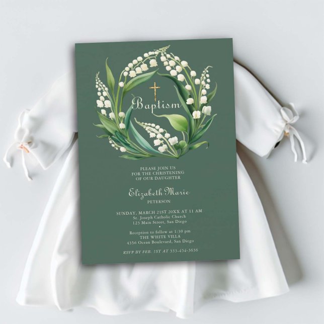 Invitation Lily Valley Cross Wreath Sage Green Girl Baptême (baptism invitation lily of the valley floral wreath dark sage green elegant formal gold cross)