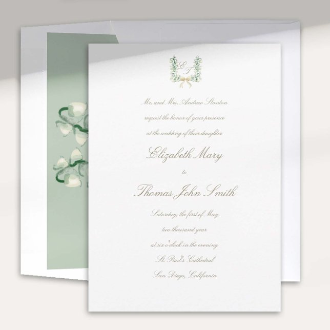 Invitation Lily Valley Faux Or Formel Mariage traditionnel (lily valley formal classic wedding invitation watercolor arch crest monograms calligraphy green bow)