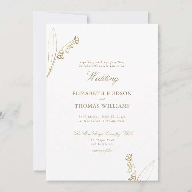 Invitation Lily Valley Floral Croquis Faux Gold Simple Mariag (Devant)
