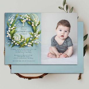 Invitation Lily Valley Gold Cross Formal Boy Photo Baptême