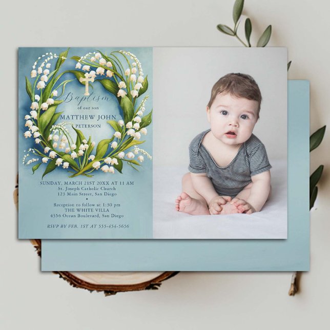 Invitation Lily Valley Gold Cross Formal Boy Photo Baptême (boy baptism invitation photo christian christening lily valley floral wreath watercolor)