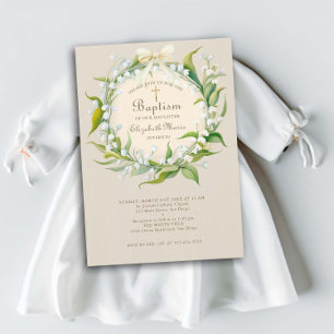 Invitation Lily Valley Gold Cross Wreath Bow Child Baptism