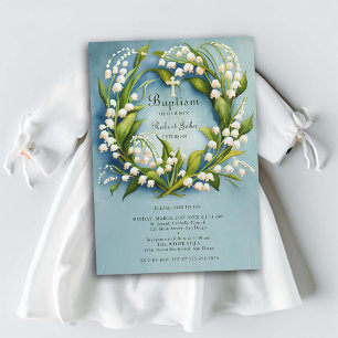 Invitation Lily Valley Gold Cross Wreath Formal Blue Baptism