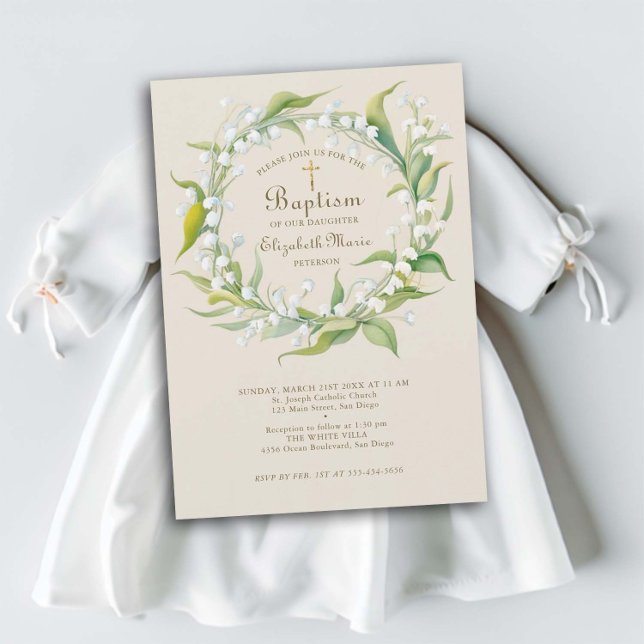 Invitation Lily Valley Gold Cross Wreath Formal Child Baptism (child baptism christening invitation lily of the valley wreath gold cross elegant simple classic)