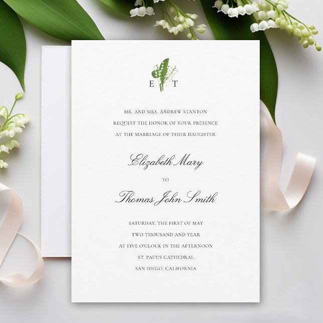 Invitation Lily Valley Monogrammes Mariage traditionnel offic (lily of the valley wedding invitation formal traditional calligraphy monograms art unique classy)