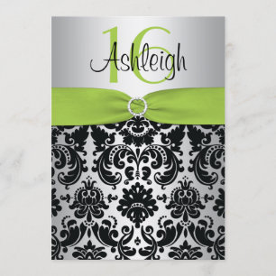 Invitation Lime, Argent et Black Damask Sweet 16