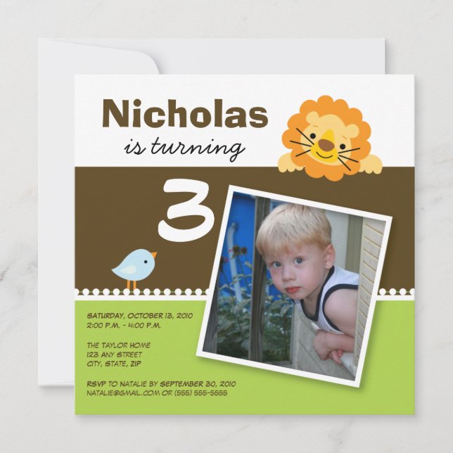 Invitation Lime Custom Lion & Birdie Birthday Party Invitatio (Devant)
