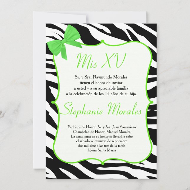 Invitation Lime Green Bow et Zebra Quinceanera (Devant)