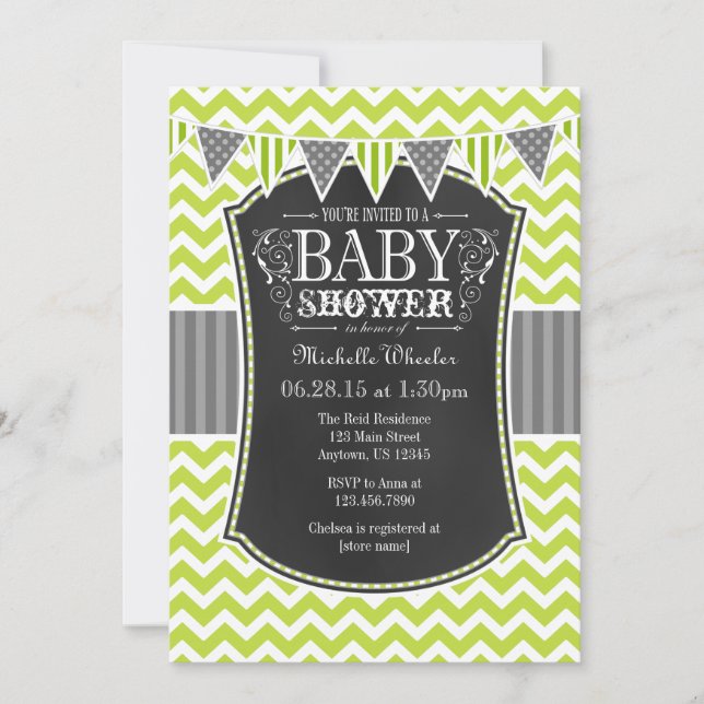 Invitation Lime Green Chalkboard Chevron Baby shower Invitati (Devant)