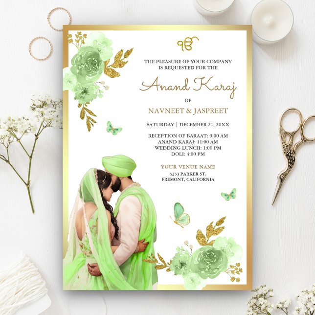 Invitation Lime Green Floral Punjabi Anand Karaj Sikh Mariage (Créateur téléchargé)