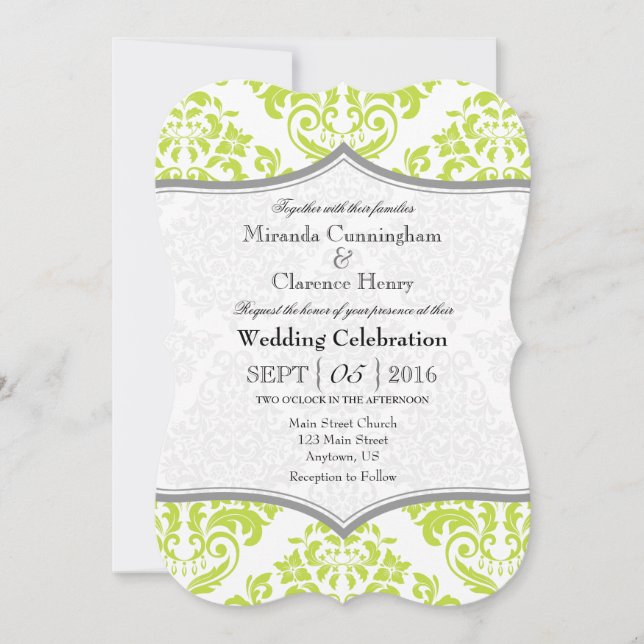 Invitation Lime Green Grey Damask Mariage de crochet (Devant)