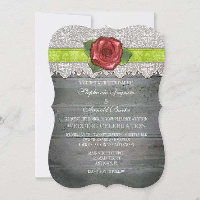 Invitation Lime Green Grey Rustic Wood Rose Mariage Inviter (Devant)