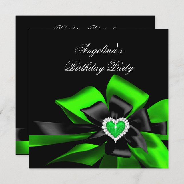 Invitation Lime Green Heart Black Bow Image Anniversaire (Devant / Derrière)