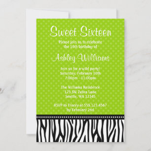 Invitation Lime vert et noir Zebra Polka Dot Sweet 16