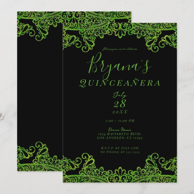 Invitation Lime Vert Paillettes Scintillantes Noire Quinceañe (Devant / Derrière)
