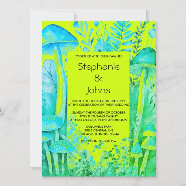 Invitation Lime Vert Turquoise Champignons Bleus Bois Mariage (Devant)