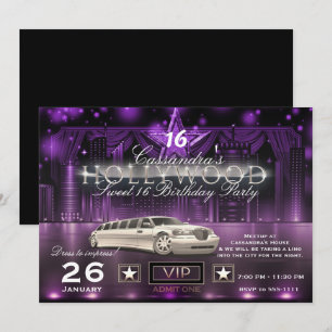 Invitation Limo Feux de la Ville Violet et Argent Fête Hollyw