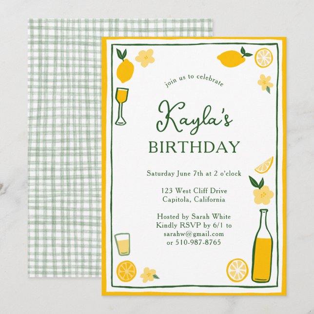 Invitation Limoncello Lemonade Lemons FÊTE D'ANNIVERSAIRE PER (Devant / Derrière)