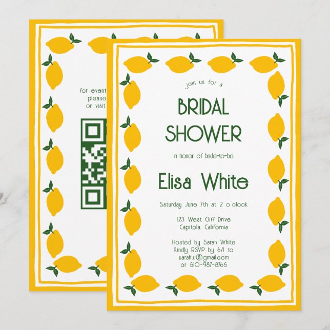 Invitation Limoncello Lemons CUSTOM QR Code Fête des mariées (Devant / Derrière)