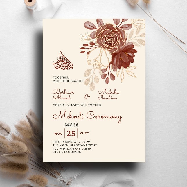 Invitation Lin or gliter aquarelle floral islamique Mehndi (Créateur téléchargé)
