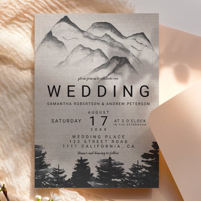 Invitation lin rustique aquarelle forêt montagnes mariage (Créateur téléchargé)