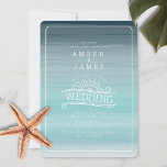 Invitation Line Art Beach Wedding Turquoise Ombre<br><div class="desc">Illustration en ligne du texte MARIAGE intégré au design avec soleil,  mouettes et vagues océaniques. Texte blanc au-dessus de l'aquarelle turquoise à l'ombre inspirée de l'arrière - plan avec bordure rectangle arrondie.</div>