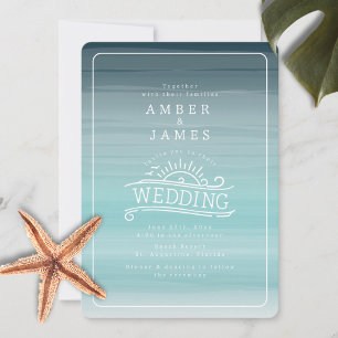 Invitation Line Art Beach Wedding Turquoise Ombre