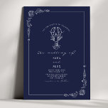 Invitation Line Art Rustic Navy Blue Lobster Beach Wedding<br><div class="desc">Illustration du homard au sommet avec la bordure botanique des coquillages d'art. Arrière - plan bleu foncé.</div>