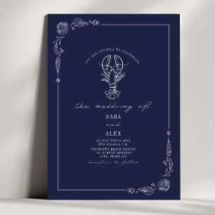 Invitation Line Art Rustic Navy Blue Lobster Beach Wedding