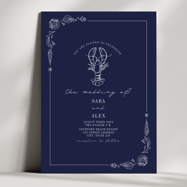 Invitation Line Art Rustic Navy Blue Lobster Beach Wedding (Créateur téléchargé)