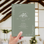 Invitation Line Art Rustique Grange Sage Green Mariage<br><div class="desc">Illustration de la grange au sommet avec bordure botanique d'art de ligne. L'Arrière - plan est vert sage.</div>