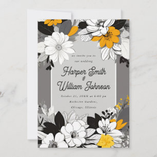 Invitation Lineart floral noir, blanc, jaune mariage