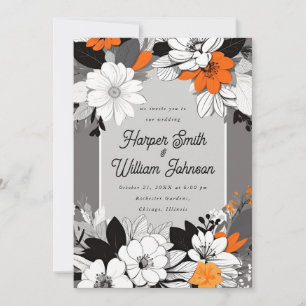 Invitation Lineart floral noir, blanc, orange mariage