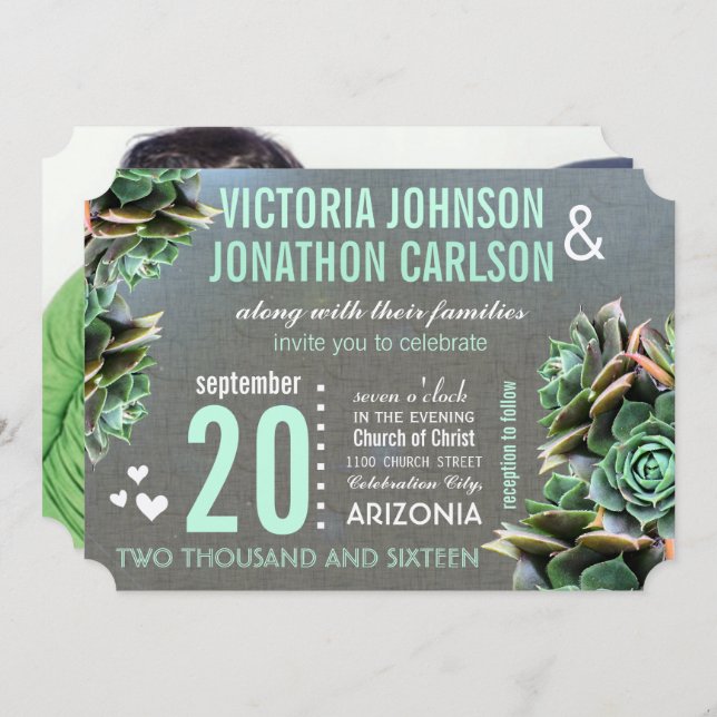 Invitation Linen Mint Succulent Votre Mariage Photo (Devant / Derrière)
