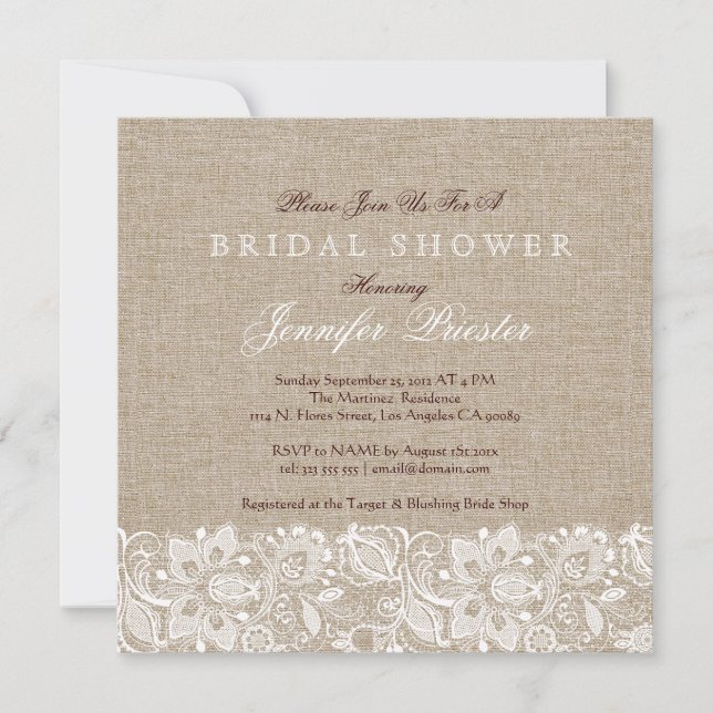 Invitation Linge beige Burlap & dentelle florale blanche 2 In (Devant)