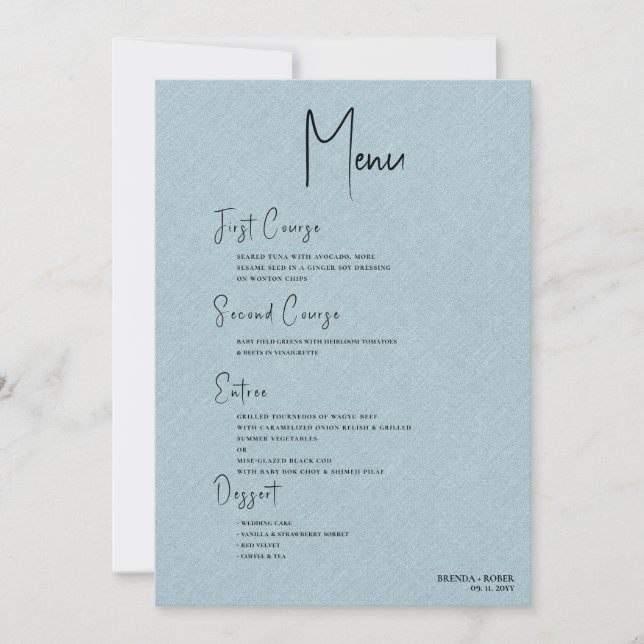 Invitation Linge bleu Simple Noir Script Mariage Menu (Devant)