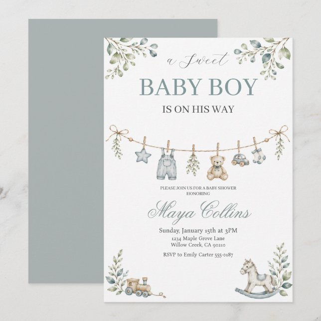 Invitation Linge de bébé à l'aquarelle Baby Shower (Devant / Derrière)