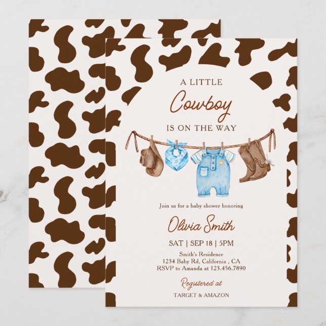 Invitation Linge de bébé cow-boy bleu et marron Baby Shower  (Devant / Derrière)