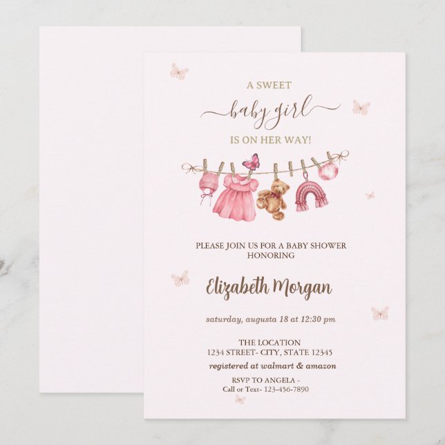 Invitation Linge de bébé fille rose Baby Shower (Devant / Derrière)