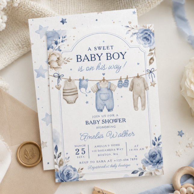 Invitation Linge de bébé garçon aquarelle Baby Shower (Créateur téléchargé)