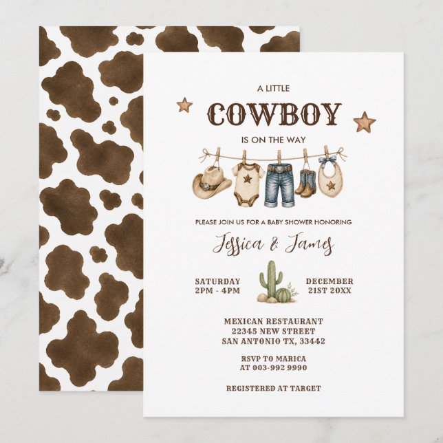 Invitation Linge de bébé pour Baby Shower Petit Cowboy (Devant / Derrière)