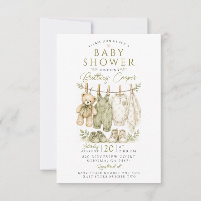 Invitation Linge de bébé pour Baby Shower Vert Sauge (Devant)