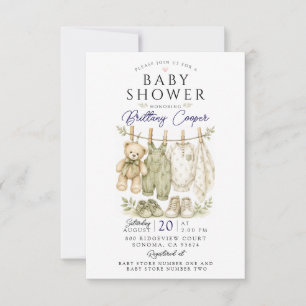 Invitation Linge de bébé pour Baby Shower Vert Sauge
