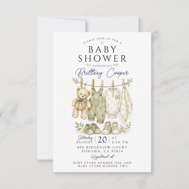 Invitation Linge de bébé pour Baby Shower Vert Sauge (Devant)