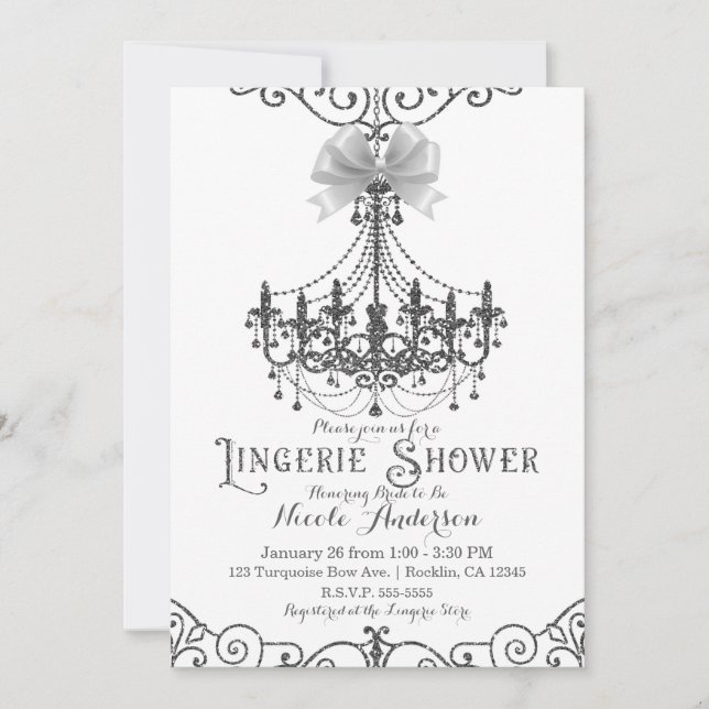 Invitation Linge de corps chic blanc et argenté à nœud blanc  (Devant)