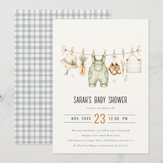 Invitation Linge de ferme rustique aquarelle Baby Shower (Devant / Derrière)