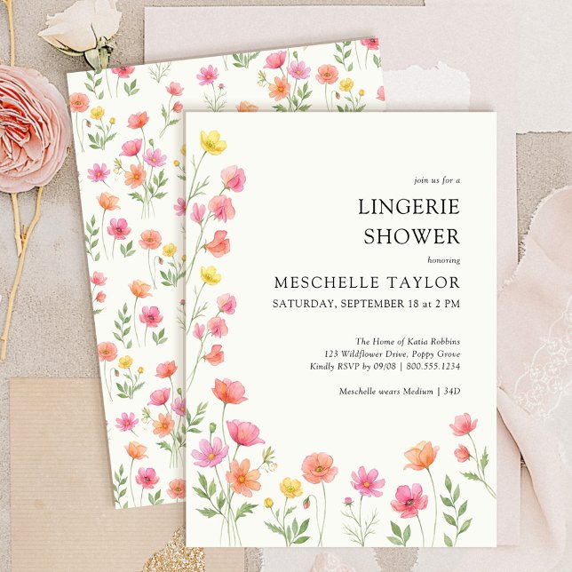 Invitation Linge de lingerie de mariage floral joli rose oran (Pink Orange Flowers Lingerie Shower Invitation from Wildflower Bloom collection by Darling & May)