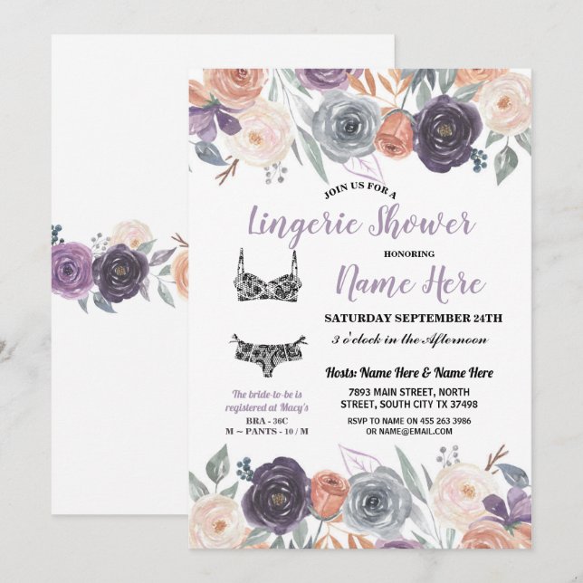 Invitation Linge de lingerie douche aquarelle pêche violet cr (Devant / Derrière)