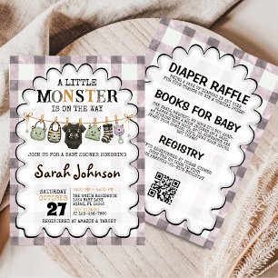 Invitation Linge de petit monstre à carreaux pour Baby Shower